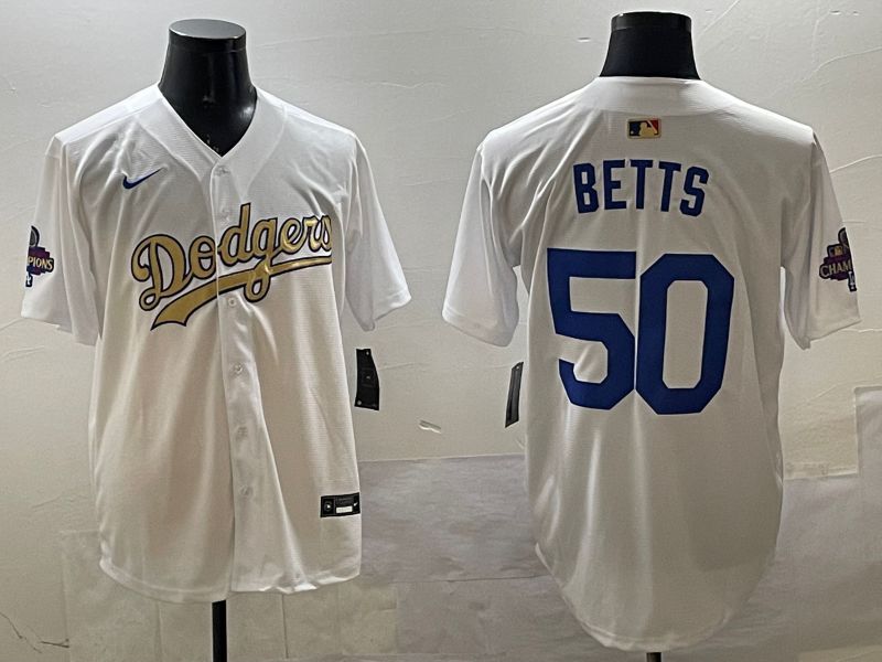Men Los Angeles Dodgers 50 Betts White Champion gold character 2025 Nike MLB Jersey style 3311